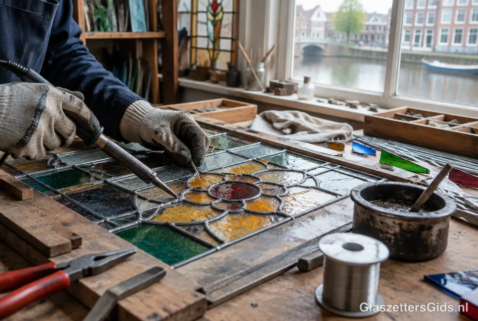 Restauratie van een glas-in-loodraam in de werkplaats