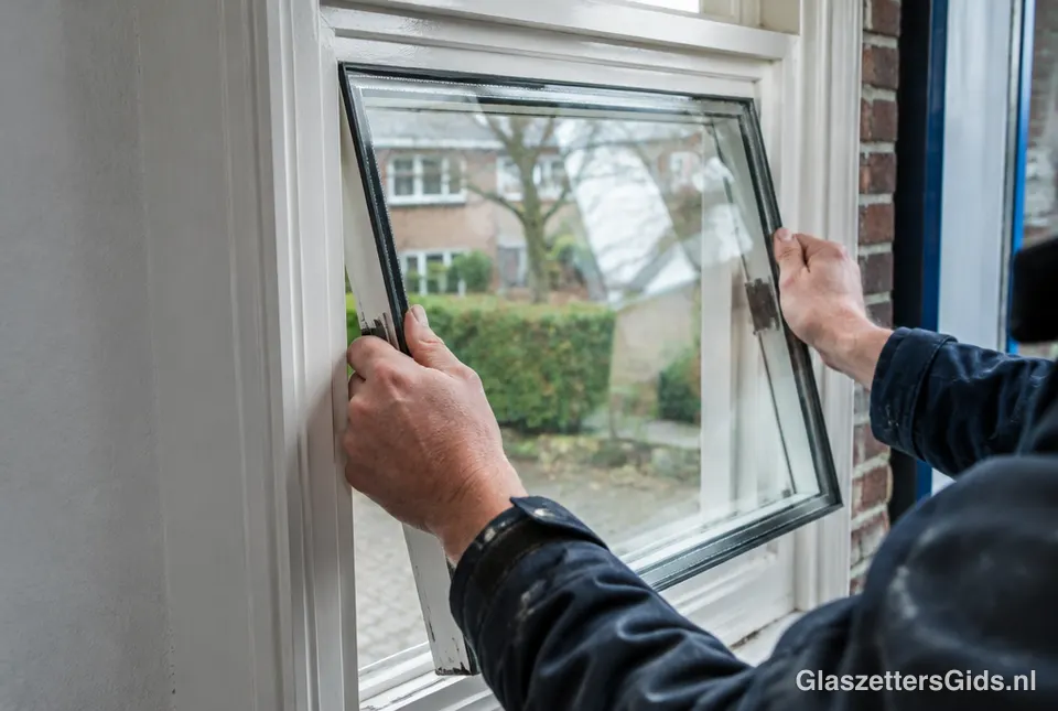 Glaszetter plaatst HR++ glas in een houten kozijn